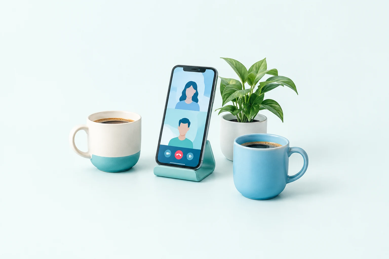 Two coffee cups and a phone on a stand showing a video chat