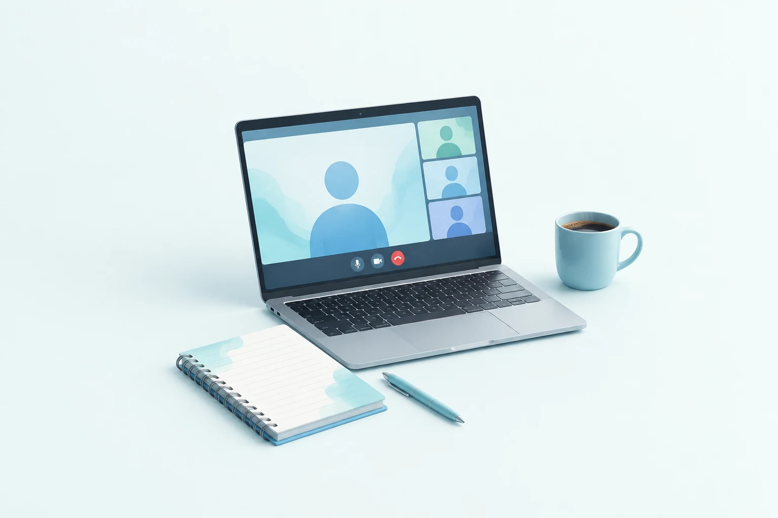 Laptop with a video call, notebook and coffee cup