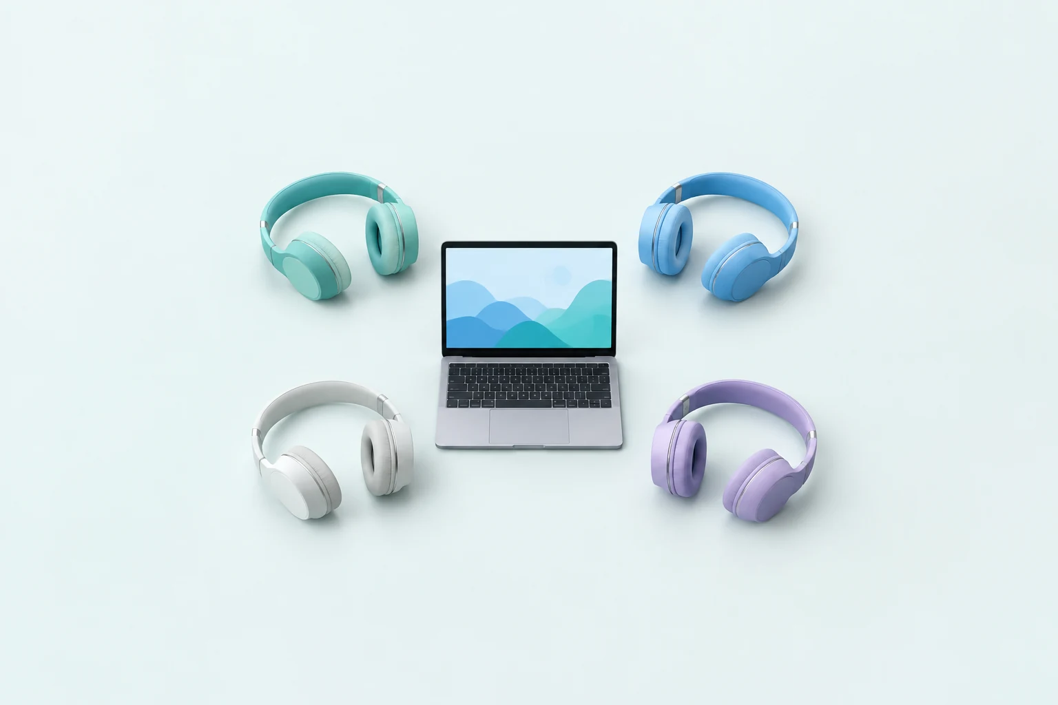 Four pairs of headphones arranged around a small laptop