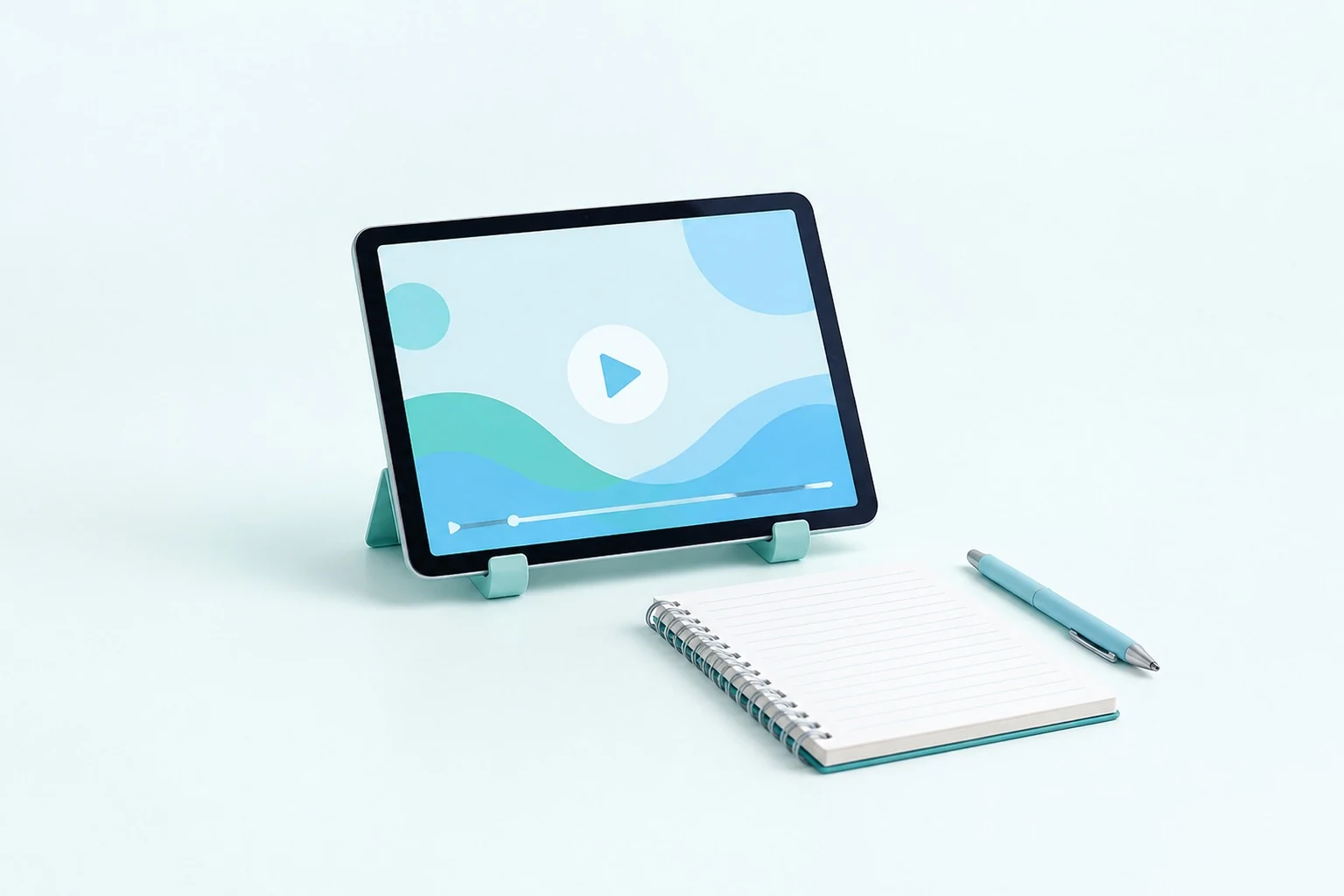 Tablet playing a video lesson next to a notebook and pen