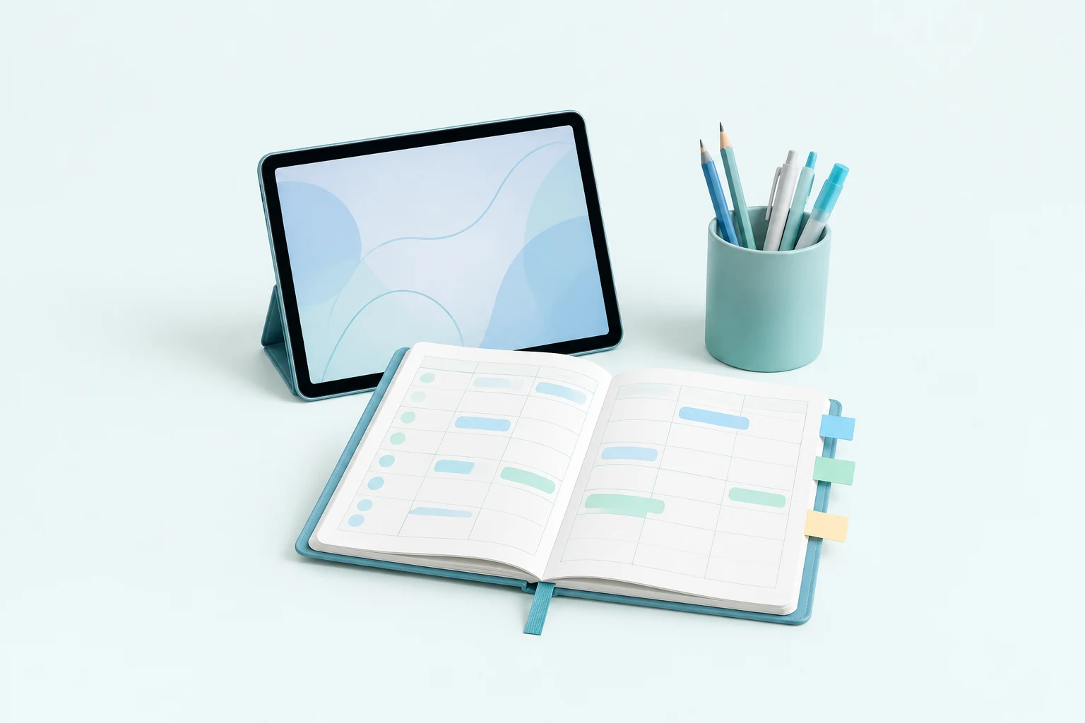 Open weekly planner with sticky tabs, a tablet and pencils
