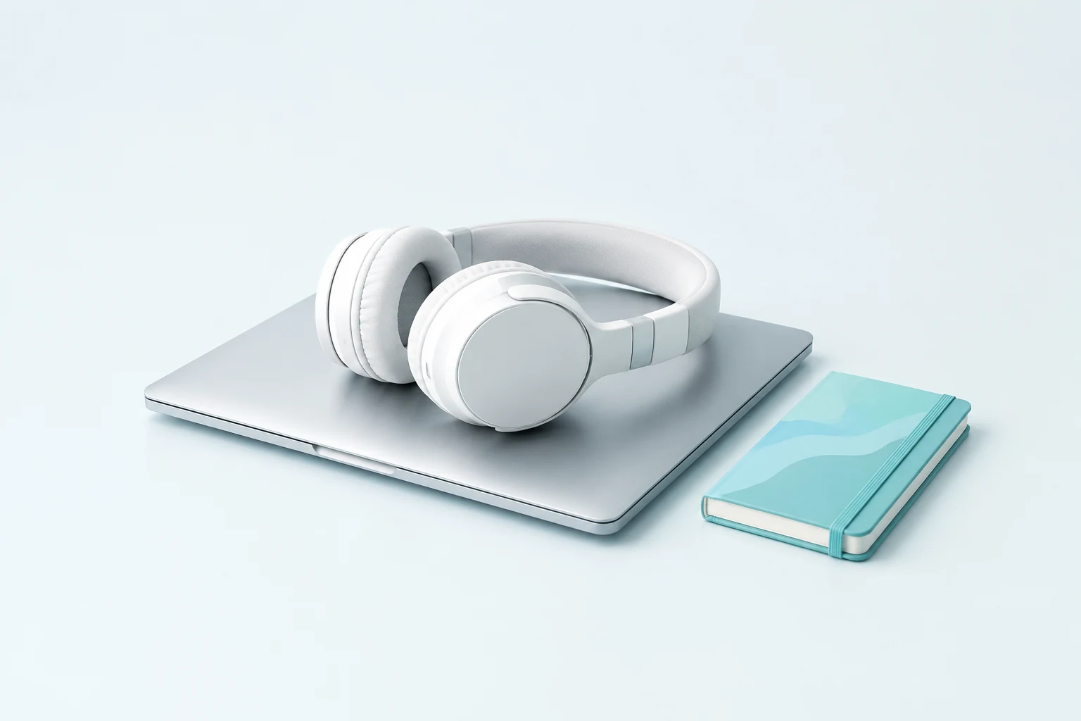 White headphones resting on a closed laptop beside a notebook