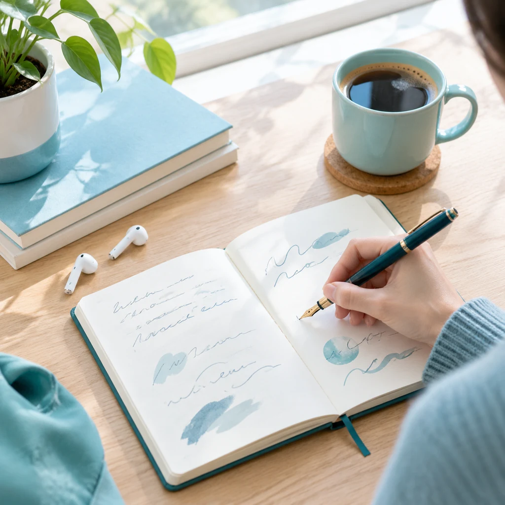 Open notebook, pen, coffee and earbuds on a wooden table