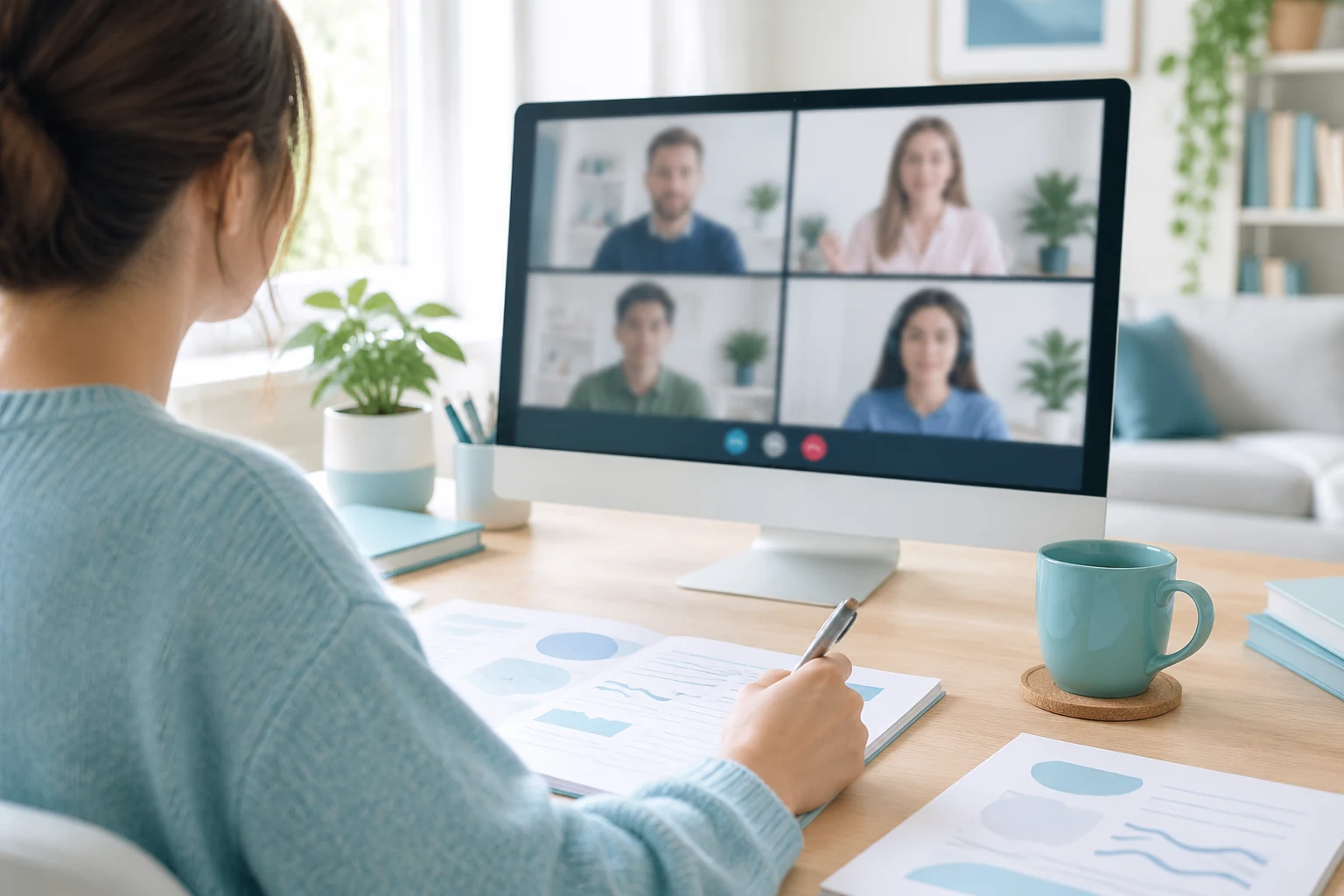 Learner following an online mini-group lesson on a large monitor