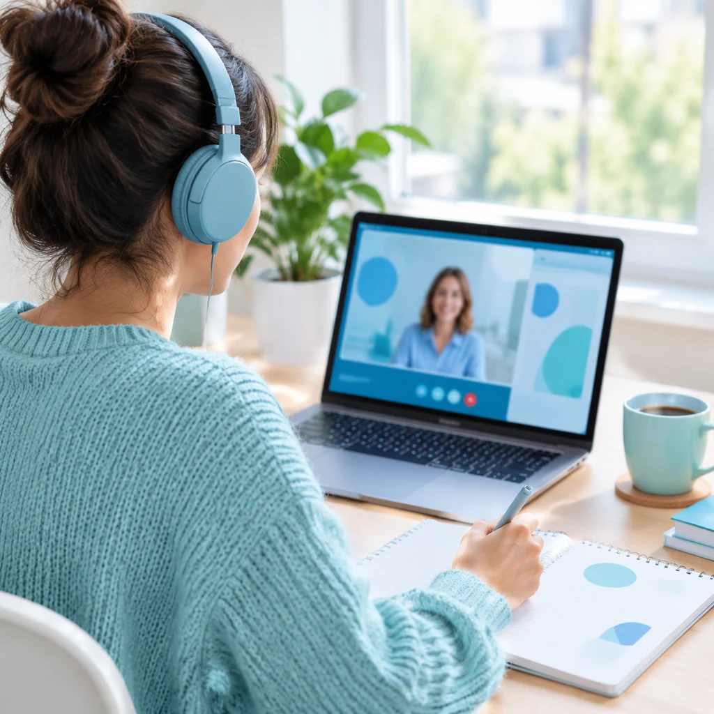 Adult learner wearing headphones in a live video English lesson at a desk by the window