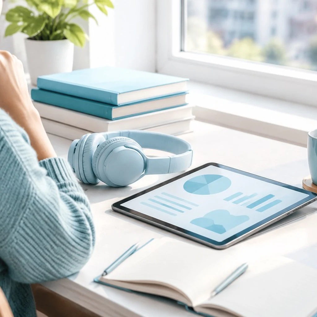 Books, headphones, tablet and a cup of tea on a desk by the window